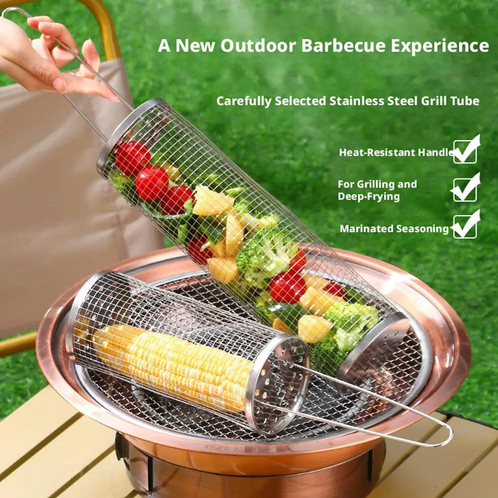 Cesto de Grelhar Rotativo em Inox – Grelhador de Churrasco Portátil