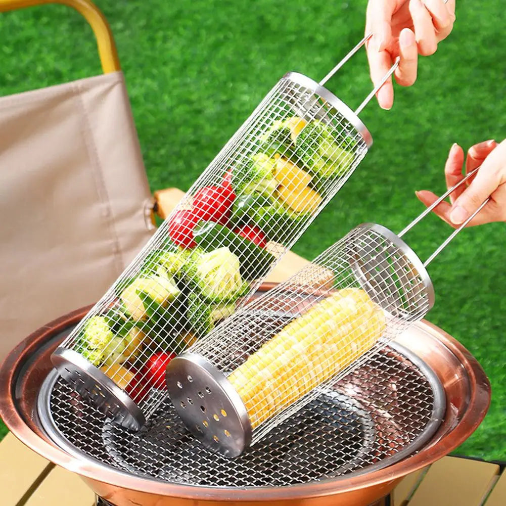 Cesto de Grelhar Rotativo em Inox – Grelhador de Churrasco Portátil